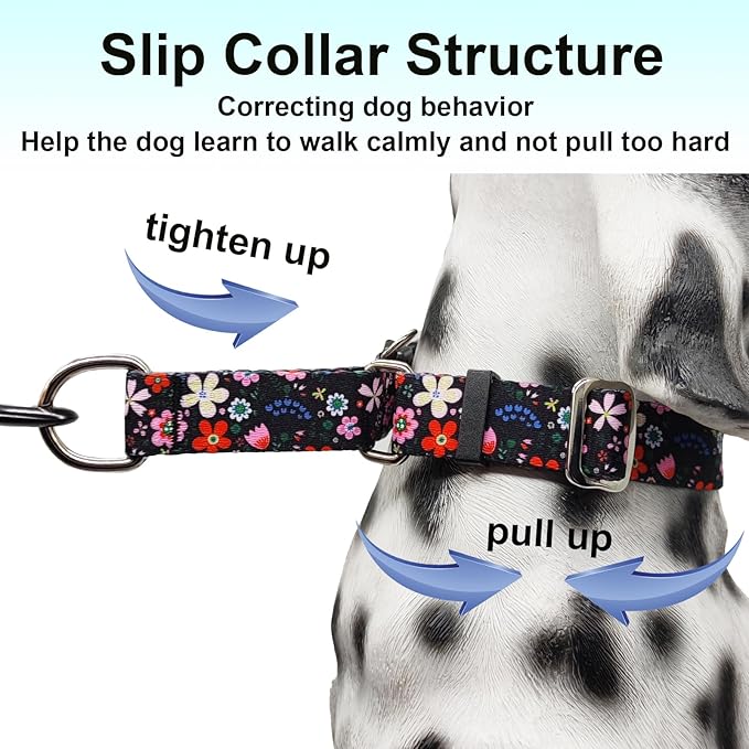 Martingale Dog Collar with Buckle Adjustable Nylon Limited Slip No Pull Training Floral Dog Collars (Black Pink Red, Medium)