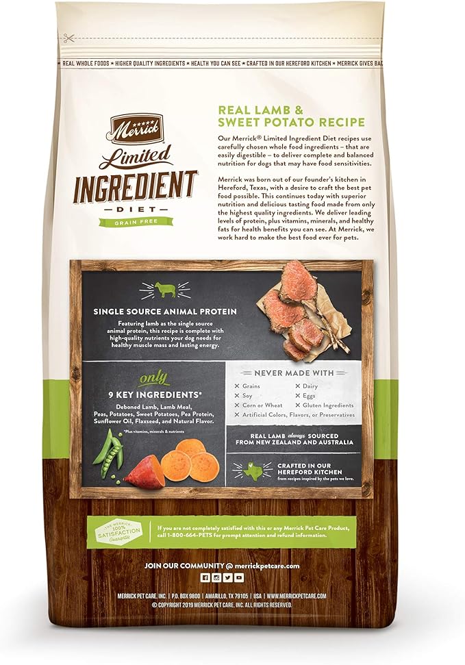 Merrick Limited Ingredient Diet Grain Free Dry Dog Food, Premium and Healthy Kibble with Lamb and Sweet Potato - 4.0 lb. Bag