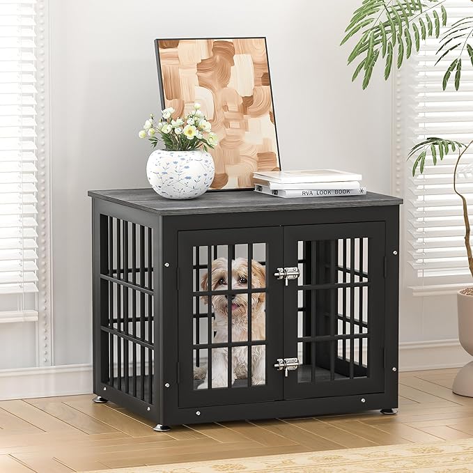 rehomerance 26 Inch Heavy Duty Dog Crate Furniture for Small Dogs, Decorative Pet House End Table, Wooden Cage Kennel Furniture Indoor, Gray