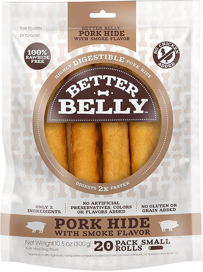 Better Belly Pork Hide Rolls with Smoke Flavor Small, 20 Count, Digestible Pork Hide for Dogs