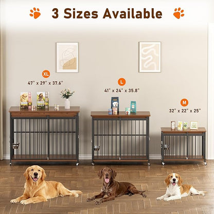 Cofiyard Dog Crate Furniture, 32’’ Wooden Dog Kennel Indoor with Sliding Front Door, Multi-Side Openings & Feeding Window Pet Cage House as TV Stand, End Table for Medium Dogs