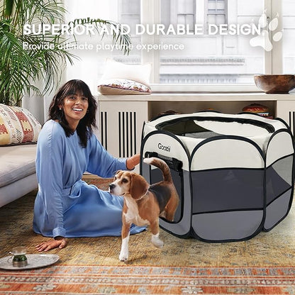 Goozii Pet Cat Playpen for Indoor Cats Enclosed, Puppy Dog Play Pen for Outdoor Travel Camping (Small Size, Beige & Dark Grey)