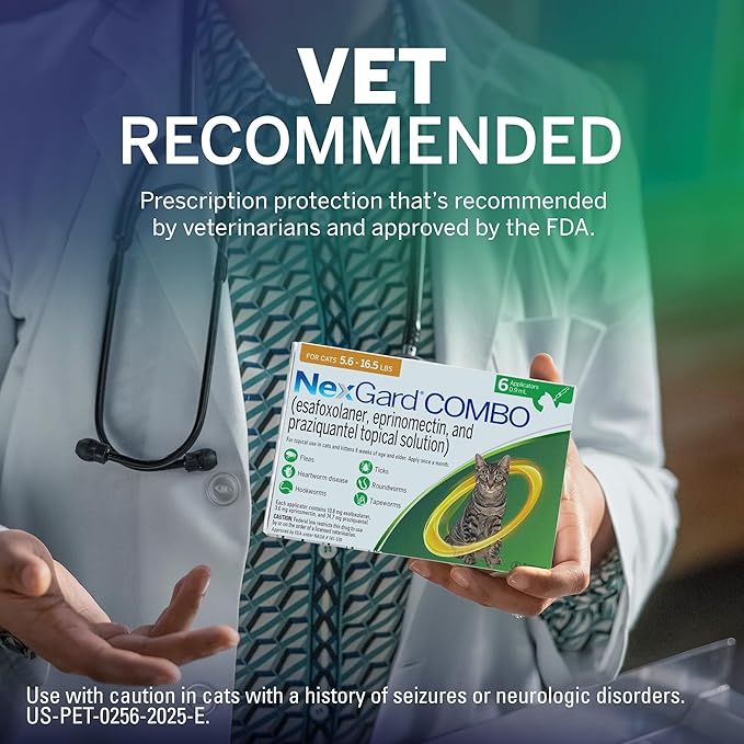 NexGard® Combo (esafoxolaner, eprinomectin, and praziquantel Topical Solution) Flea and Tick Protection Plus Heartworm Disease Preventive for Cats, 5.6-16.5 lbs. (Yellow Box) 3 Doses (3 Month Supply)