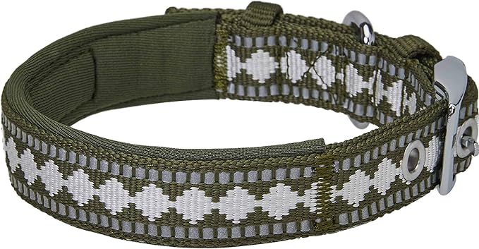 Blueberry Pet Reflective Jacquard Dog Collar with Neoprene Padding & Metal Buckle | Soft & Adjustable Safety Collar - Olive, Neck 13-16.5", for Medium Breed