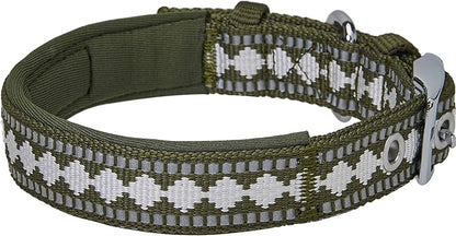 Blueberry Pet Reflective Jacquard Dog Collar with Neoprene Padding & Metal Buckle | Soft & Adjustable Safety Collar - Olive, Neck 13-16.5", for Medium Breed