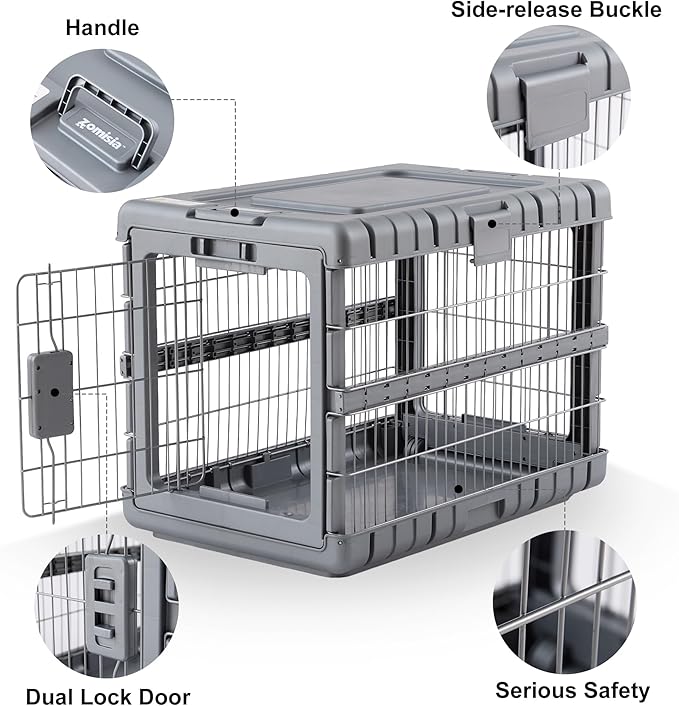 ZOMISIA Collapsible Dog Crate for Dogs - 28" L Heavy Duty Dog Kennel No Tools Required with 4 Sides Steel Foldable Cage for Dogs Indoor Furniture, Portable Carrier with 2 Smooth Wheels, Gunmetal