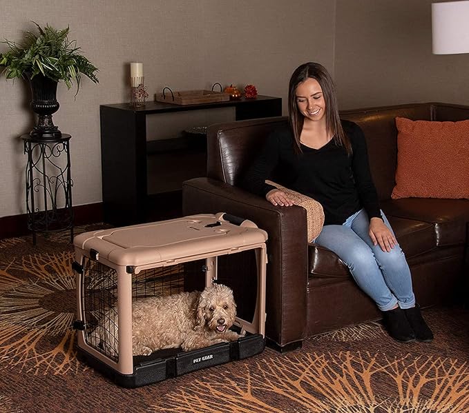 Pet Gear “The Other Door” 4 Door Steel Crate for Dogs/Cats with Garage-Style Door, Includes Plush Bed + Travel Bag, No Tools Required, New Tan, 27 Inch