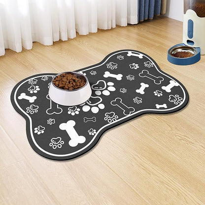 Dog Cat Food Mat,Rapid Absorbent Pet Feeding Mat, Bone Shaped Dog Placemat Water Bowl Mat with Rubber Backing,No Stains Dog Cat Food Mats Indoor, Pet Accessories Supplies 23"x36" Black