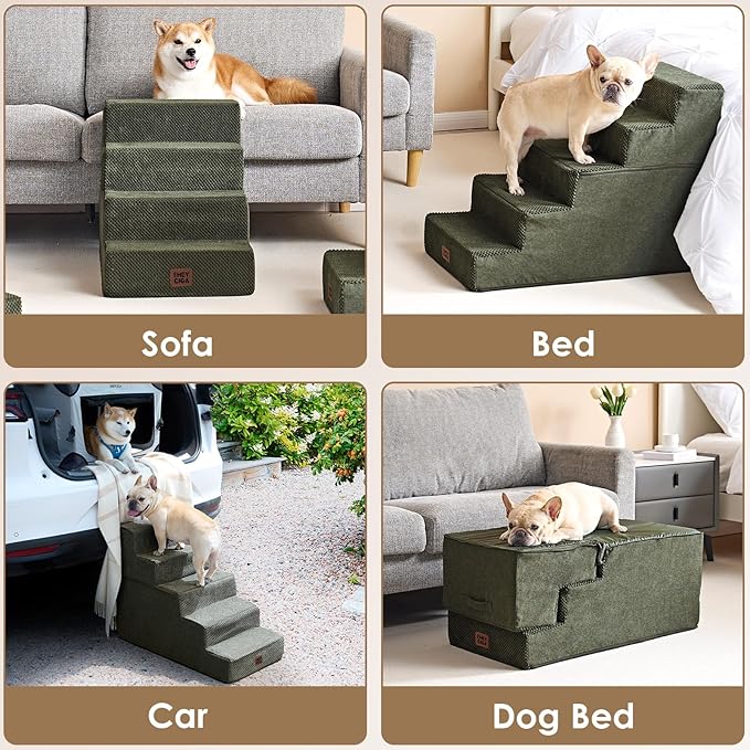 EHEYCIGA Dog Stairs for Bed 25" H, 5-Step Extra Wide Dog Steps for High Bed, Pet Steps for Small Dogs and Cats, Non-Slip Balanced Pet Ramp Indoor, Military Green