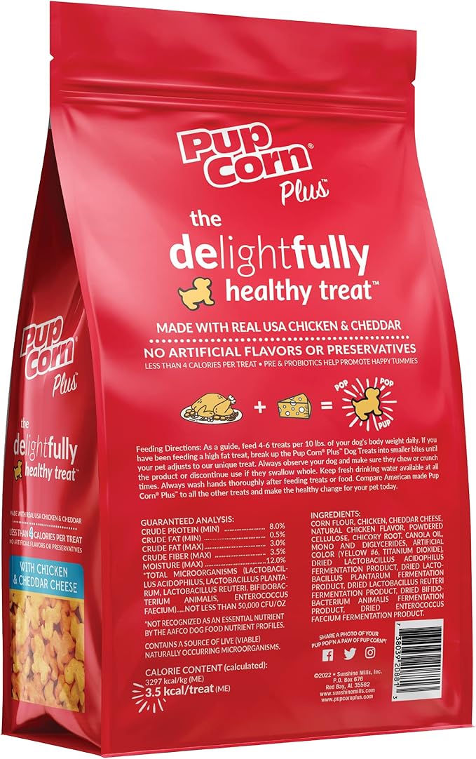 Pup Corn Plus - Puffed Dog Treats with Prebiotics and Probiotics - Chicken & Cheddar Cheese (14.5oz) - Made in USA