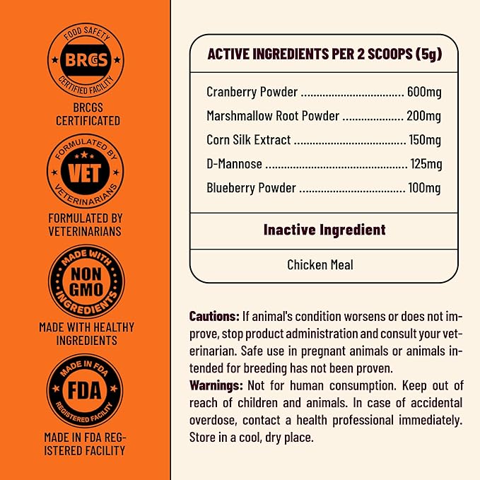 Cranberry Powder for Dogs & Cats, Urinary Tract & Bladder Support Supplement with D-Mannose, Kidney & UTI, Cat and Dog Cranberry Supplement, Chicken Flavor Food Topper, 3.88oz