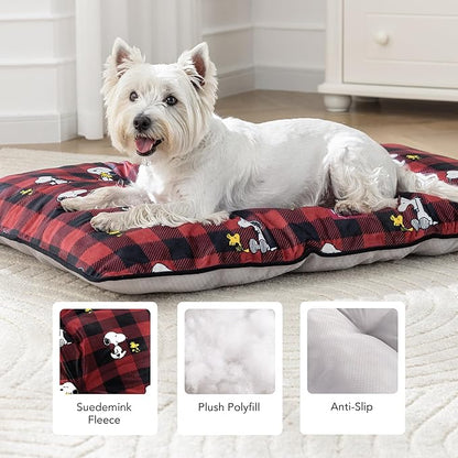 Berkshire Peanuts® Square Dog Bed, Suedemink Fleece Pet Mat with Waterproof & Non-Slip Bottom, Soft Plush Dog Mat for Crate, Couch, or Floor, Machine Washable(Snoopy Everyday Buffalo Plaid, Large)