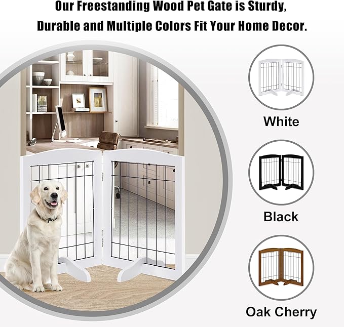 LZRS 2-Panel Freestanding Adjustable Wooden Dog Gate—30” Tall Foldable Pet Barrier with Support Feet, Solid Hardwood & Chew-Resistant Steel Wire for Doorways, Hallways, and Stairs, White
