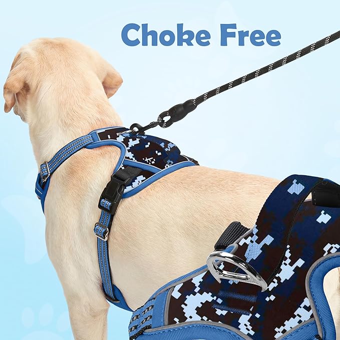 Funfox Dog Harness No Pull, Adjustable Pet Vest Harness, Super Soft Material with Vertical Handle Easy Control, Reflective Night Walking, 2 Leash Clips for XLarge Dogs, Mosaic Blue, XL
