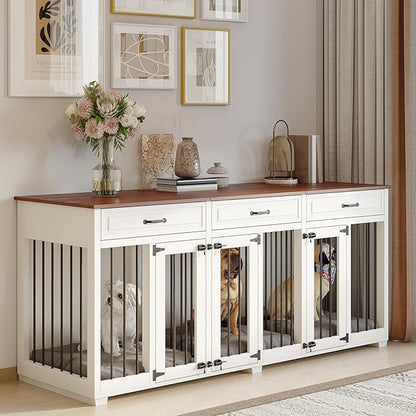Dog Crate Furniture - Indoor Wooden Dog Kennel Crate Furniture with 2 Dividers, 3 Drawers, and 3 Lockable Doors, 72"x23.6"x31.5"H, White