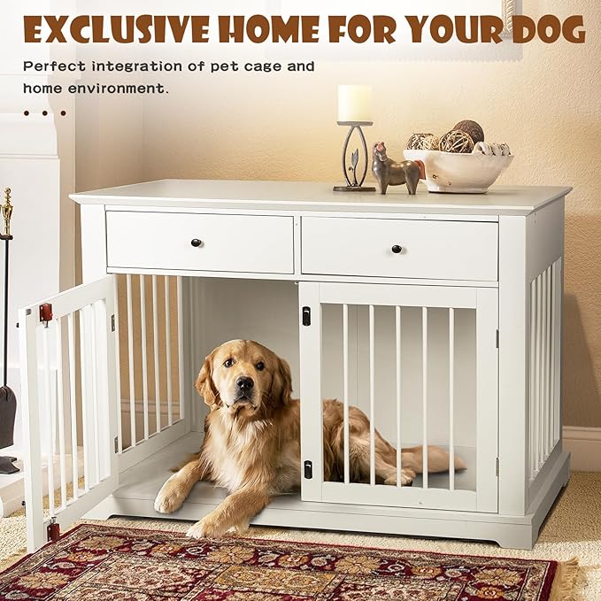 LEMBERI 44 Inch Large Dog Crate Furniture with Storage Drawers, Wooden Dog Kennel Furniture as End Table, Decorative Pet Cage Dog House Indoor for Dogs