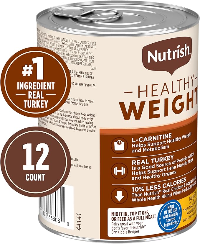 Nutrish Rachael Ray Weight Management Wet Dog Food Premium Paté Real Turkey & Pumpkin Recipe,13 oz. Can,(Pack of 24)