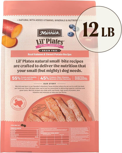 Merrick Lil’ Plates Premium Grain Free Dry Dog Food for Small Dogs, Real Salmon and Sweet Potato Kibble - 12.0 lb. Bag