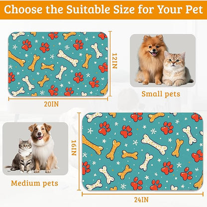 Dog Paws Cat Food Mat,Bones Absorbent Pet Feeding Mat for Food and Water Bowl,Quick Dry Dog Placemat Non Slip Rubber Backing Waterproof Pet Supplies 12" x 20"