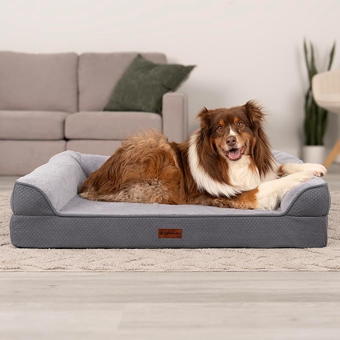 FurHaven Jumbo (40"x32") Cooling Gel Dog Bed – Cool Gel Memory Foam Sofa Pet Bed, Embossed Velvet, Removable Washable Cover, Steel Blue
