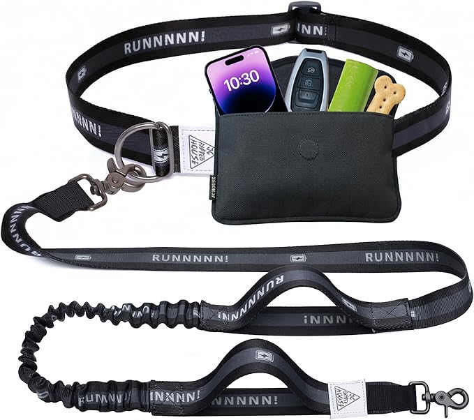 Hands Free Dog Leash, Heavy Duty with Waist Belt & Storage Pouch, Strong Pull Control, Two Handles Bungee for Running & Walking, Big & Medium Dogs, Black