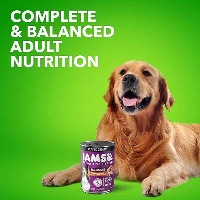 IAMS Proactive Health Senior Wet Dog Food, Classic Ground Dog Wet Food, Slow Cooked Chicken and Rice, 13 oz. Cans (Pack of 12)