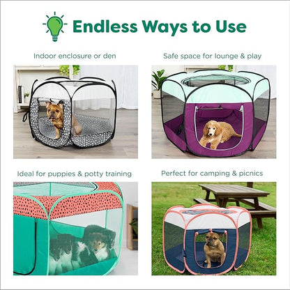 Furhaven Portable Dog Playpen Cat Tent, Pet Playground,Kennel Foldable Indoor Outdoor Zippered Puppy Crate - Green & Pink, Medium