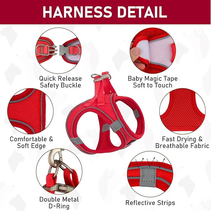 GAMUDA Small Pet Harness Collar and Leash Set, Step in No Chock No Pull Linen Fabric Soft Mesh Dog Vest Harnesses Reflective for Dogs Puppy Cats Kitten Rabbit (Red, S)