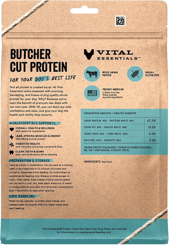 Vital Essentials Freeze Dried Dog Treats | Beef Liver, Single Ingredient | Premium Quality | Grain Free Training Treats for Dogs, 15 oz Bag