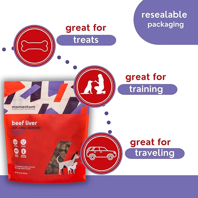 Momentum Carnivore Nutrition Freeze-Dried Beef Liver Dog Treats & Cat Treats – Single-Ingredient, High-Protein, Grain-Free, Nutrient-Rich – Made in USA – 4 oz Bag