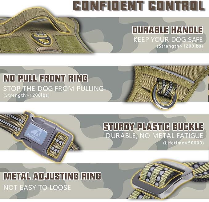 AUROTH Tactical Dog Harness for Large Dogs No Pull Adjustable Pet Harness Reflective Working Training Easy Control Pet Vest Military Service Dog Harnesses Army Yellow XXL