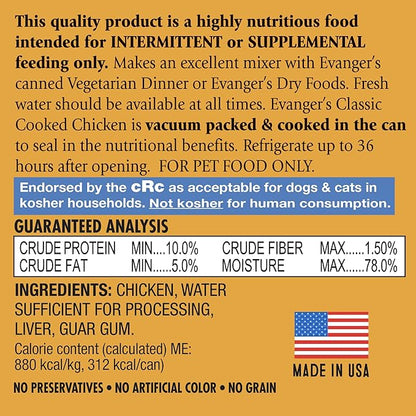 Evanger's Heritage Classics Cooked Chicken Dog Food – 12 Count, 12.5 oz Each – Grain & Gluten Free, Simple Meat-Based Diet – Supplemental & Intermittent Feeding