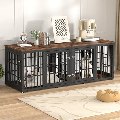 rehomerance 78 Inch Double Dog Crate Furniture, Heavy Duty Extra Large Cage Furniture with Divider for 2 Dogs, Decorative Wooden Kennel Furniture Indoor, Metal Pet House for Large and Medium Dogs