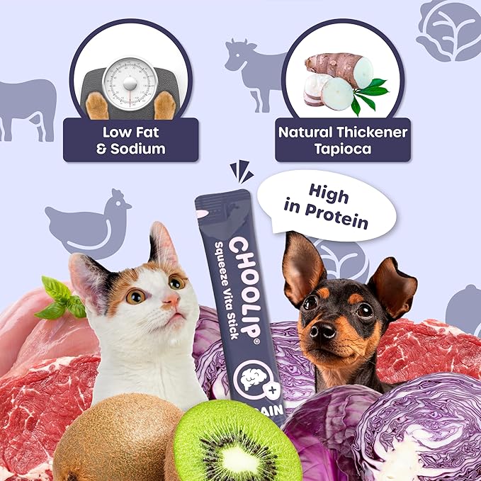 Choolip Squeeze Vita Stick Brain Support Lickable Cat and Dog Treats, 7-Count – Beef and Chicken Soft Puree with DHA, CoQ10 & Vitamin E, Vet-Formulated
