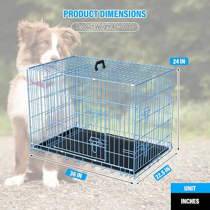 Dog Crate 36" Metal Wire Dog Cage Double Door Folding Dog Kennel with Divider Panel, Leak-Proof Plastic Pan, Foldable Travel Pet Crate for Small Medium Breed Dogs Animals,Blue