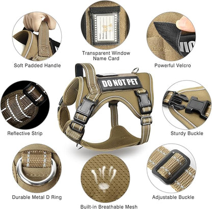 Tactical Dog Harness and Leash Set Small Sized Dog,Heavy Duty No Pull Service Dog Vest and 10 Patches with Dog Seat Belt,Reflective Adjustable Pet Harness for Training Walking Hiking Brown S