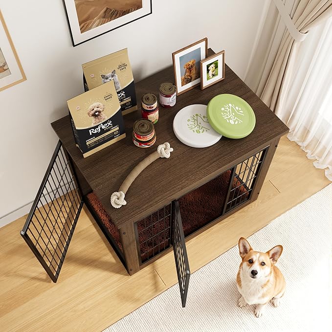 Greesum Modern Dog Crate Furniture That Doubles as a Side Table - Sturdy Wooden Kennel with Double Door Design, Equipped with Soft Cushion & Chew-Resistant Resign, Suitable for Dogs