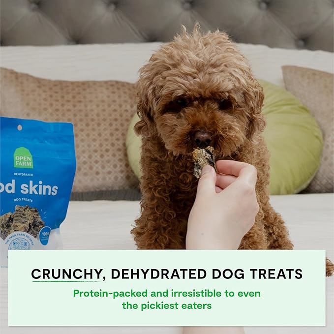 Open Farm, Dehydrated Dog Treats, High Protein & Low Carbohydrate Cod Skins, Crunchy Texture, Single Ingredient Wild-Caught Cod Skins Recipe, 2.25oz Pouch