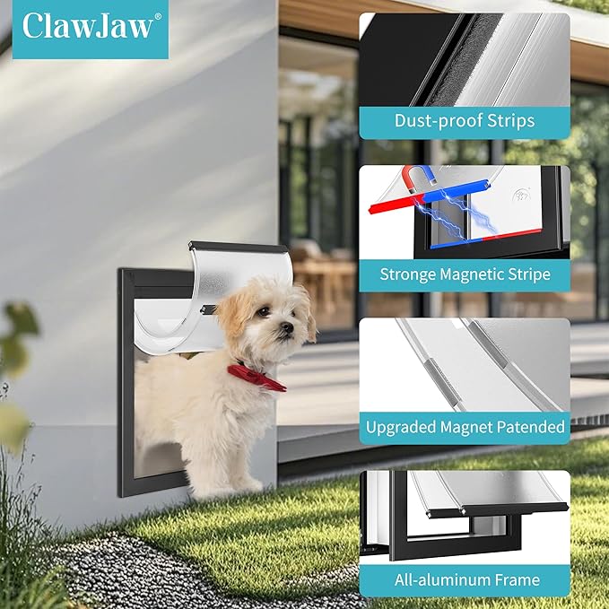 ClawJaw Aluminum Pet Door for Wall, with 2 Magnetic Flaps, Adjustable Tunnel, Doggie Door for Interior and Exterior Walls, Strong and Durable, Easy to Install, Black (Pets Up to 40 Lb)-Medium
