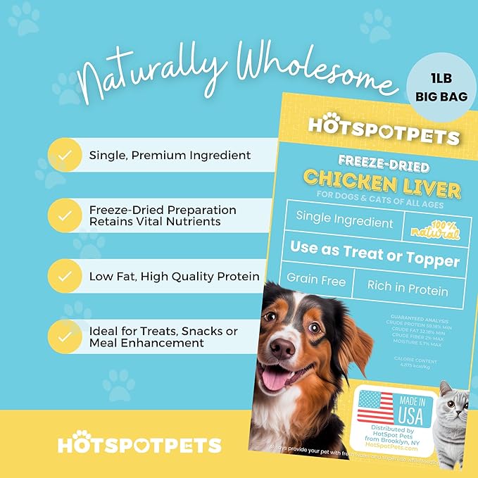 hotspot pets Freeze Dried Chicken Liver Treats for Cats & Dogs -1LB Big Bag~300pcs -Made in USA- Single Ingredient All Natural, Grain-Free - Perfect for Training, Food Topper or Snack