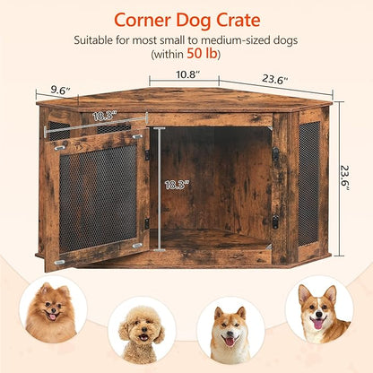MAHANCRIS Corner Dog Crate Furniture, Wooden Dog Kennel End Table, Decorative Pet Crate Indoor Use, Furniture Style Dog House for Small Medium Dog, Dog Cage TV Stand, Rustic Brown DCRB0801