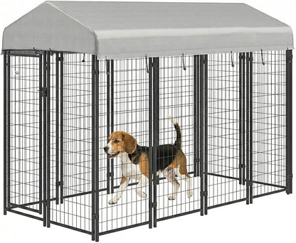 PawHut Outdoor Dog Kennel with Roof, 8' x 4' x 6' Heavy Duty Welded Wire Dog Playpen Enclosure with Escape-Proof Lock, UV-Resistant & Waterproof Cover, for Medium Dogs, Chickens, Ducks, Silver