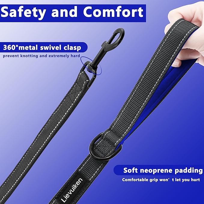 Dog Leash 6ft Long, Double Handle Dog Leash for Safety Control Training, Heavy Duty Dog Leads with Traffic Padded Handles, Reflective Leashes for Small Medium Large Dogs(6ft, Black Blue)