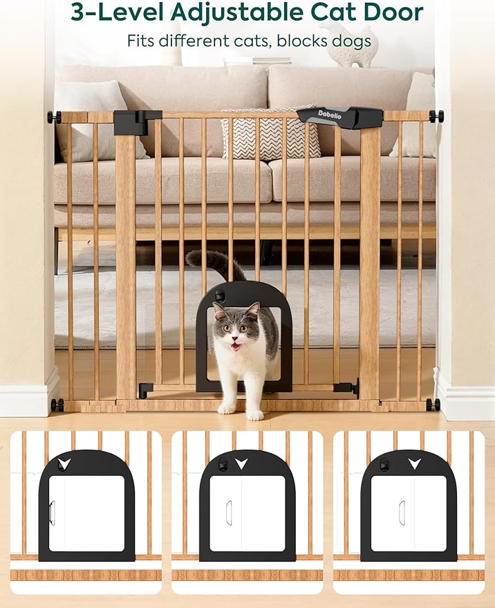 Babelio CatPrivilege Ⅲ Baby Gate with Cat Door, 29"-43" Adjustable Brown Wood Pattern Pet Door, 30" Tall Pressure Mounted Safety Gate for Stairs & Doorways, Auto Close,Wall Protectors Included