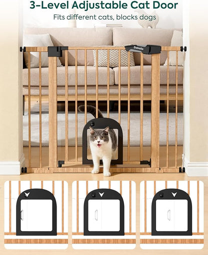 Babelio CatPrivilege Ⅲ Baby Gate with Cat Door, 29"-43" Adjustable Brown Wood Pattern Pet Door, 30" Tall Pressure Mounted Safety Gate for Stairs & Doorways, Auto Close,Wall Protectors Included