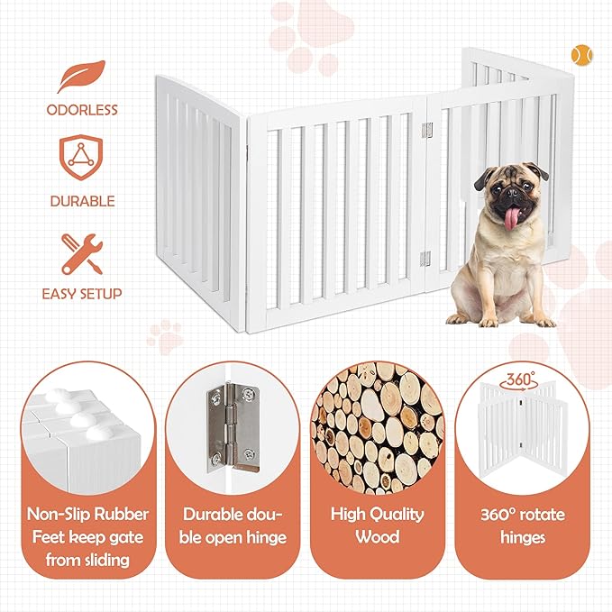Dog Gate Pet Gate Indoor for Stairs Doorways 82x24 Inch 4 Panels Dog Fence Extra Wide Wooden White