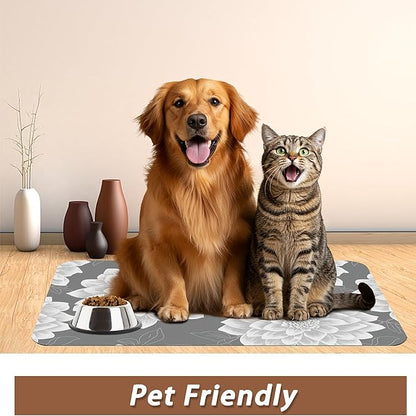 Dahlia Dog Cat Food Mat,Gray White Flowers Absorbent Pet Feeding Mat with Rubber Backing,Non-Slip Water Bowl Placemat,Indoor Pet Accessories Supplies 16"x24"