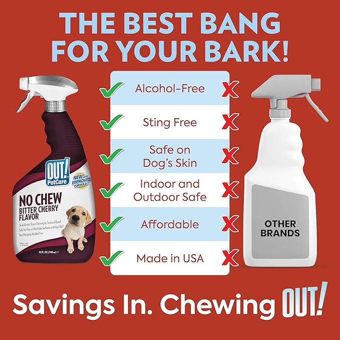 OUT! PetCare No Chew Bitter Cherry Flavor Deterrent, Puppy Training, No Chew Spray for Dogs, Dog Training To Discourage Licking and Chewing, Non-Staining, Behavior Correction, Puppy Essentials, 32 oz