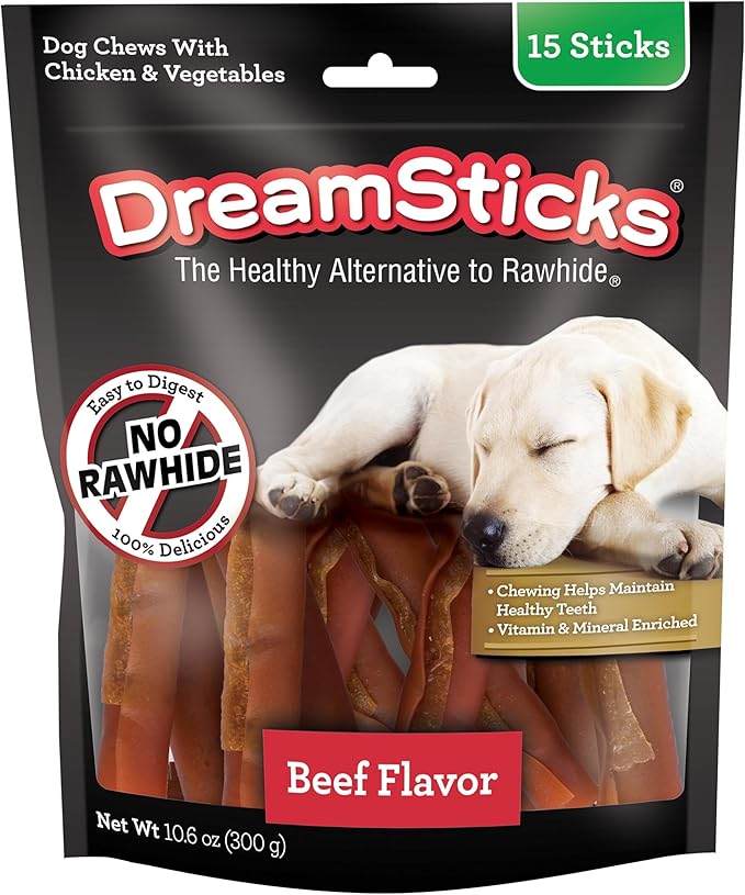 DreamBone DreamSticks, Rawhide Free Dog Chew Sticks Made with Real Beef and Vegetables, 15 Sticks