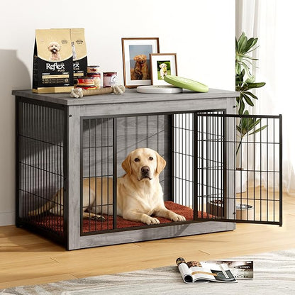 Greesum Modern Dog Crate Furniture That Doubles as a Side Table - Sturdy Wooden Kennel with Double Door Design, Equipped with Soft Cushion & Chew-Resistant Resign, Suitable for Dogs